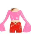 Second Skin Women O-neck Tops Long Flared Sleeve Shirt Wetlook PVC Short Coats