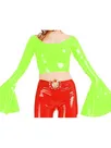 Second Skin Women O-neck Tops Long Flared Sleeve Shirt Wetlook PVC Short Coats