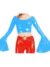 Second Skin Women O-neck Tops Long Flared Sleeve Shirt Wetlook PVC Short Coats