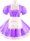 Second Skin French Maid Dress Lace Square Neck Sissy Wetlook PVC Lolita Dresses with Apron