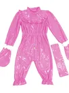 Zentai Second-skin Aldult Sissy Lockable Bloomers Jumpsuit Zipper Waist Elastic Wet Look Skinsuit Shiny Wetlook Unitard PVC Bodysuit with Gloves