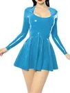 Second Skin Women Wetlook PVC Mini Dress Casual High Strecth Square Neck Long Sleeve Dress