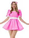Second Skin Fetish Cross-dresser Dress Sweet Wetlook PVC Mini Dress Vinyl Short Sleevetank Neck Dress with Bow Lolita Halloween Costume