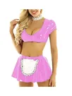 Second Skin Wetlook Party French Maid Dress Cosplay Costumes Crop Top with Wetlook PVC Mini Skirt