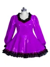 Second Skin Cute Women's Lolita Wetlook PVC Dress Sweet Black Lace Vinyl Dress Lockable Maid Uniform Gothic Long Sleeve Fetish Cross-dresser Dress