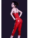 Women Red Sleeveless Skeleton Patten Latex Catsuit Second-skin Clothing