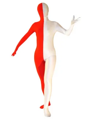 Supply Half White Half Red Lycra Spandex Unitard Second Skin Zentai Unisex Zentai Suit Holiday Costume