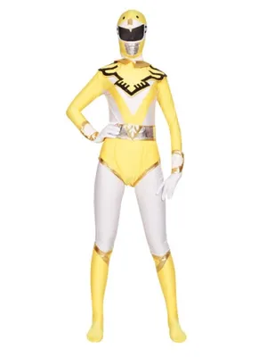 Classic Ideal Yellow and White Choujin Sentai Jetman Power Ranger Costumes Wetlook Shiny Metallic Lycra Super Hero Superhero Zentai Catsuit Zentai Skinsuit Second Skin Clothing