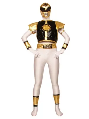 White with Black and Gold Mighty Morphin Power Rangers Costumes Lycra Spandex Skinsuit Super Hero Superhero Zentai Catsuit Second Skin Clothing