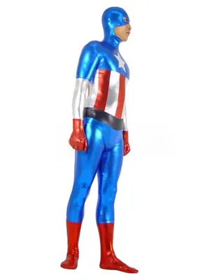Second Skin Captain America Zentai Costume Wetlook Unitard Skinsuit Shiny Metallic Zentai Suit