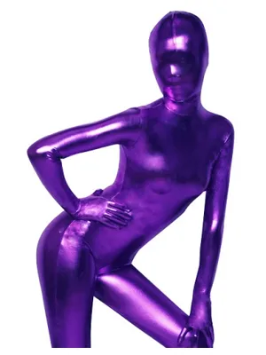 Second Skin Purple Zentai Costume Wetlook Unitard Skinsuit Shiny Metallic Zentai Suit