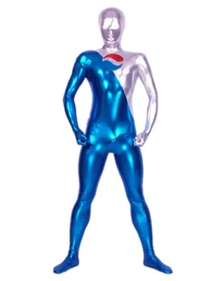 Second Skin Blue and Silver Zentai Costume Wetlook Unitard Skinsuit Shiny Metallic Pepsi Zentai Suit