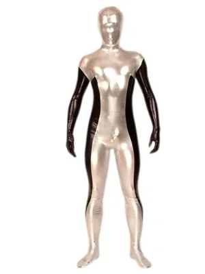 Second Skin Silver Black Zentai Costume Wetlook Unitard Skinsuit Shiny Metallic Zentai Suit