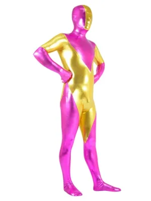 Second Skin Cherry Pink and Gold Zentai Costume Wetlook Unitard Skinsuit Shiny Metallic Super Hero Zentai Suit