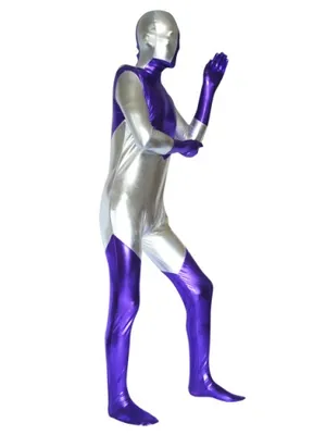 Second Skin Silver and Purple Zentai Costume Wetlook Unitard Skinsuit Shiny Metallic with Spandex Unisex Zentai Suit Holiday Costume