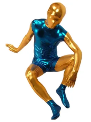 Second Skin Blue and Gold Zentai Costume Wetlook Unitard Skinsuit Shiny Metallic Zentai Suit