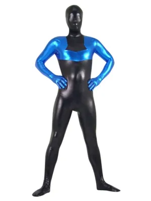 Second Skin Black and Blue Zentai Costume Wetlook Unitard Skinsuit Shiny Metallic Zentai Suit