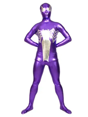 Second Skin Purple and Silver Zentai Costume Wetlook Unitard Skinsuit Shiny Metallic Zentai Suit