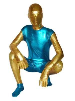Second Skin Blue and Yellow Unisex Zentai Costume Wetlook Unitard Skinsuit Shiny Metallic Zentai Suit