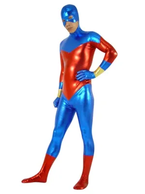 Second Skin Suitable Blue and Red Zentai Costume Wetlook Unitard Skinsuit Shiny Metallic Unisex Zentai Suit Holiday Costume
