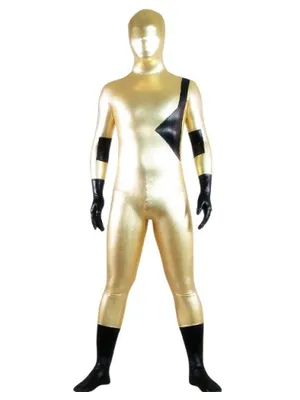 Gold and Black Zentai Costume Wetlook Unitard Skinsuit Shiny Metallic Lycra Spandex Morph Second Skin Zentai Suit