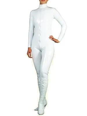 White Wetlook Unitard PVC Front Open Unisex Catsuit Second Skin Clothing Party Costume