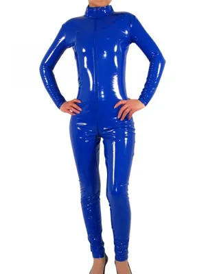 Royal Blue Front Open Wetlook Unitard PVC Unisex Catsuit Second Skin Clothing Party Costume