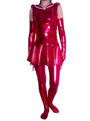 Second Skin PVC School Uniform Style Dress with Shoulder Length Gloves and Stockings