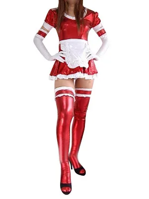 Second Skin Ideal Red Zentai Costume Wetlook Shiny Metallic Lace Trim Sexy Dress