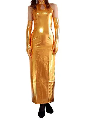 Second Skin Suitable Top Gold Zentai Costume Wetlook Shiny Metallic Sexy Dress