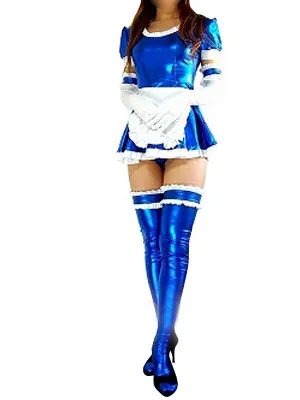 Second Skin Perfect Blue Zentai Costume Wetlook Shiny Metallic Lace Trim Sexy Dress