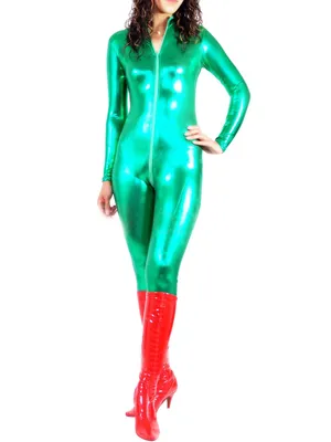 Green Zentai Costume Wetlook Unitard Skinsuit Shiny Metallic Front Open Unisex Catsuit Second Skin Clothing Party Costume