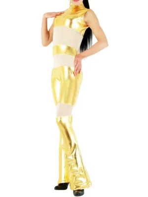 Gold Zentai Costume Wetlook Unitard Skinsuit Shiny Metallic with Velour Fabric Half Length Sleeveless Catsuit Second Skin Clothing