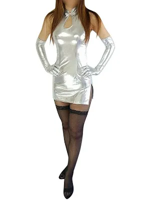 Second Skin Silver Sleeveless Wet Look Shiny Metallic Dress with Gloves