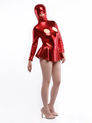 Red Mini Skirt Hollow Out Wet Look Shiny Metallic Catsuit Second-skin Clothing