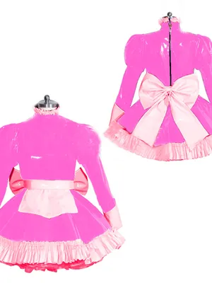Supply Second Skin Wetlook PVC Maid Dress Lockable Uniform Sissy Long Sleeve Wet Look Shiny Dresses with Apron