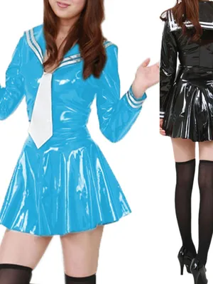Second Skin Wet Look Wetlook PVC Sailor Navy Suit Latex Look Sailor Japanese School Uniform Pleated Students Clothes Cosplay Costume