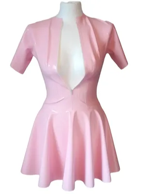 Supply Second Skin Bust Zippers Wetlook PVC Dress Solid V-neck Pleated Sexy Women Bodycon Mini Dress