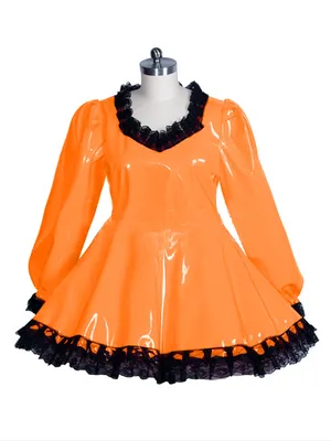 Supply Second Skin Sissy Dress Wetlook PVC Dresses Lockable Maid Long Sleeve Lace Trimming Lolita Dress