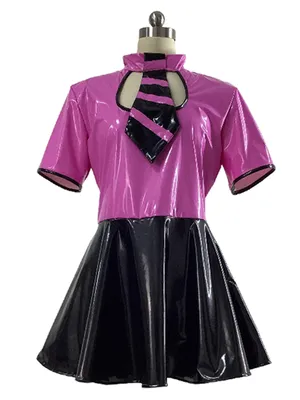 Second Skin Teacher Role Uniforms Hollow Out Short Sleeve Wetlook PVC Latex Flared Dress with Tie