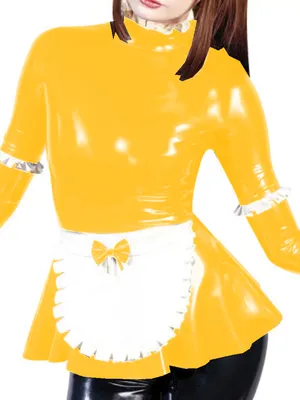 Second Skin Women Maid Dress Mini A-line Lolita Costume Wetlook PVC Long Sleeve Dresses with Cafe Apron