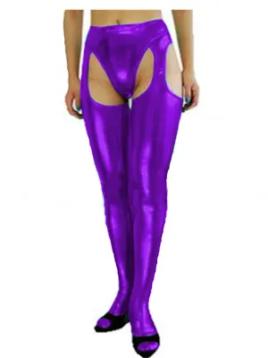 Second Skin Women Hollow Out Pants Wet Look Shiny Metallic Open Crotch Long Pants