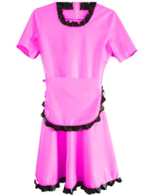 Second Skin French Maid Cosplay Uniform Short Sleeve Wetlook PVC Dress with Apron