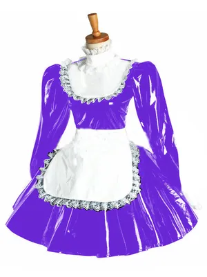 Second Skin Maid Dress Lace French Mini Dress Long Sleeve High Neck Wetlook PVC Dress with Apron