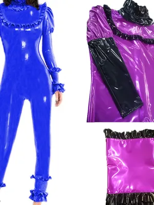 Supply Women Skinsuit Wetlook Unitard PVC Lotus Leaf Rompers Zentai Second-skin Jumpsuit Puff Long Sleeves Bodycon Catsuit