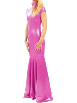 Supply Second Skin Women Wetlook PVC Long Dress Female Slinky High Collar Short Sleeve Dress