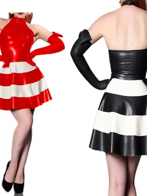 Second Skin Women Cake Dresses Sleeveless Wetlook PVC Splicing Dress with Gloves