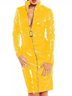 Second Skin Women Long Sleeve High Collar Zipper Dress Wetlook PVC Party Bodycon Slim Mini Dresses