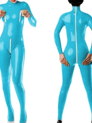 Supply Zentai Second-skin Long Sleeve Zipper Open Crotch Tight Jumpsuit Skinsuit Wetlook Unitard PVC Gothic Bare Chest Bodysuit
