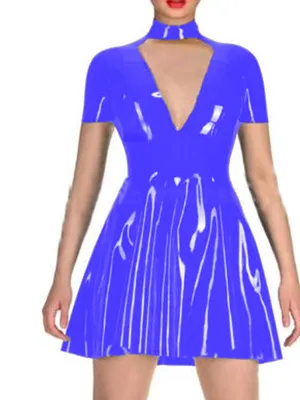 Supply Second Skin Wetlook PVC High Collar Mini Dress Women Long Sleeve Bodycon Back Zipper Gothic Dresses